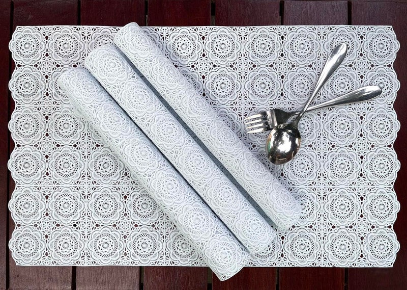 AMORNPHAN 4 Pieces White Rectangle Floral Lace Classic Style Woven Vinyl Non-Slip Heat-Resistant Placemat Table Pad Table Mats Dinning Washable for Kitchen Decor 12X19.5 Inches - Image 2